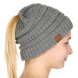 New Gray Ponytail Messy Bun Knit Beanie